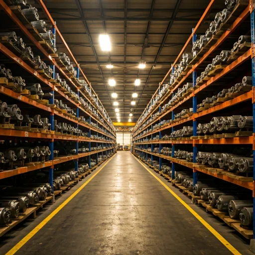 A perspective view of a highly organized industrial warehouse aisle with high-reaching orange shelves stocked with heavy machinery components in DR Congo.