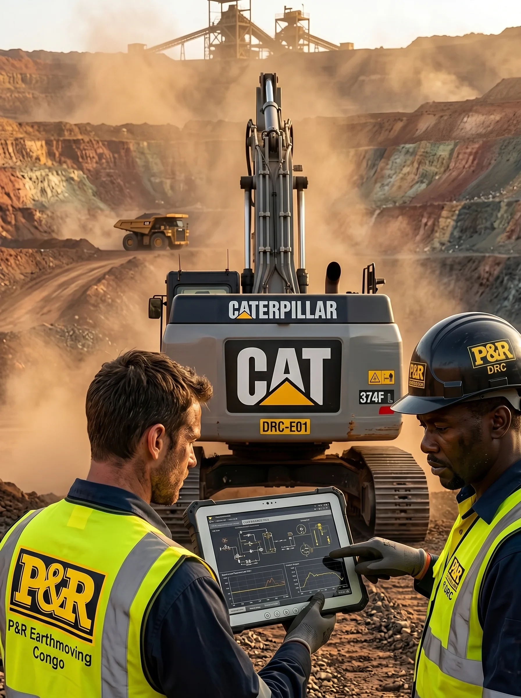 P&R Earthmoving Congo technicians in hard hats and high-visibility vests analyze data on a rugged tablet for a Caterpillar (CAT) heavy excavator at an open-pit mine in Lualaba, DR Congo. The background shows terraced mining and other heavy machinery.