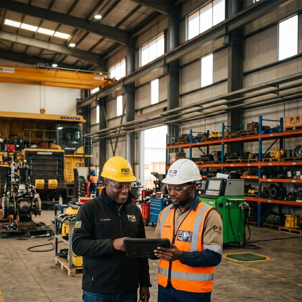 P&R Earthmoving Congo professionals reviewing project information inside a modern heavy equipment maintenance workshop.