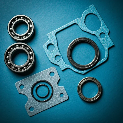 An assortment of essential machinery spare parts, including metallic ball bearings, industrial gaskets, and rubber seals, arranged neatly on a blue background.